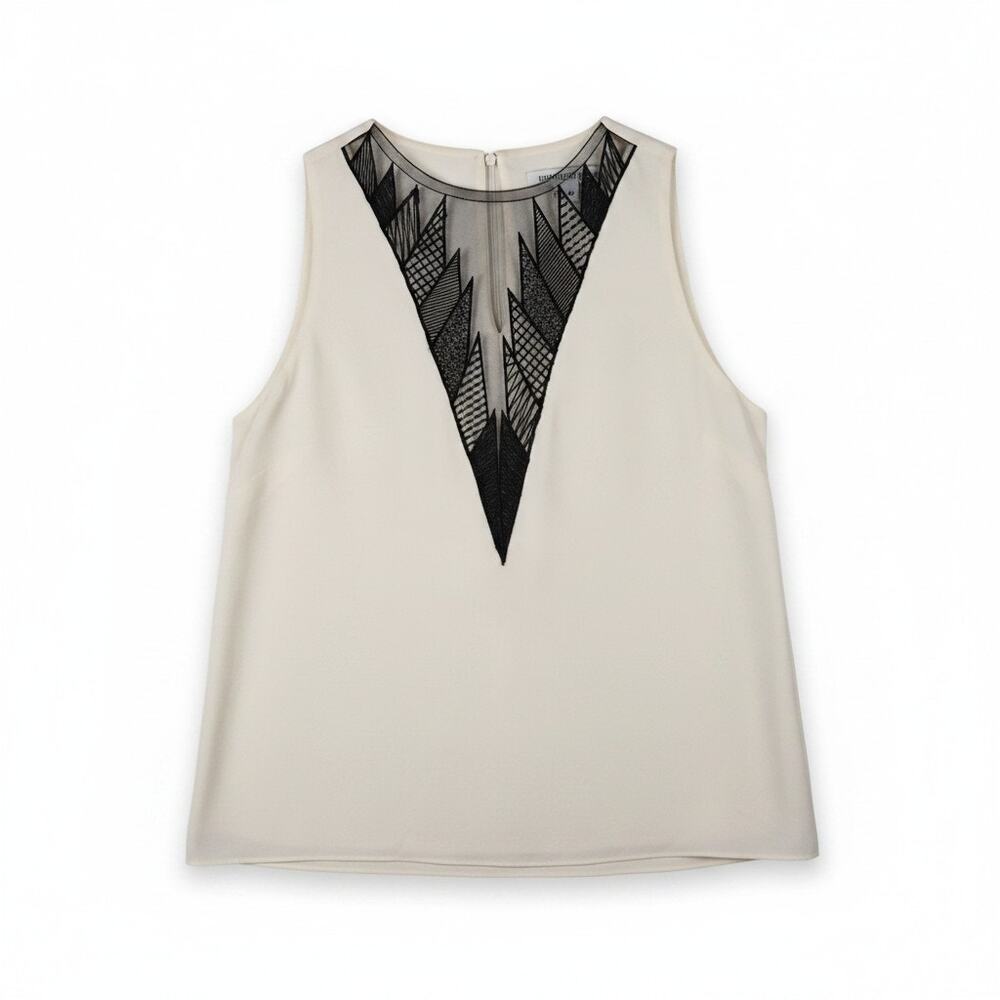 Behnaz Sarafpour 100% Silk Sleeveless Mesh Geometric Top Cream Designer Chic USA